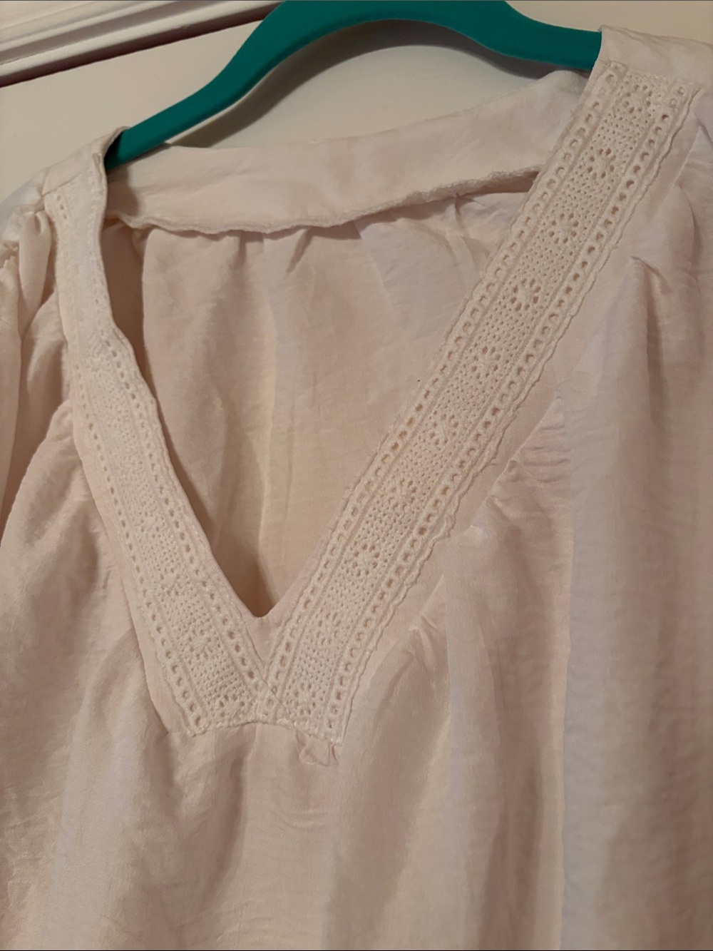 White V-Neck Peasant Blouse with Lace Trim - Picture 4 of 6